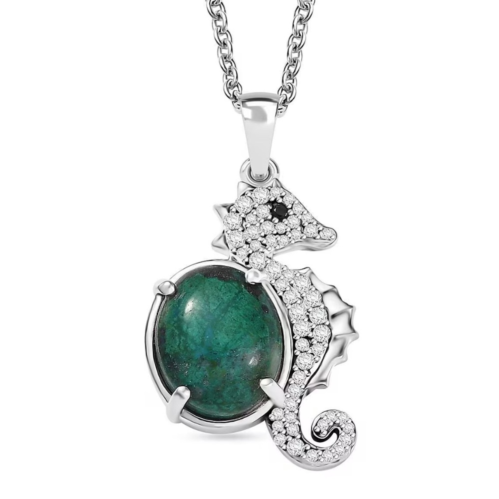 NWOT Chrysocolla & Zircon Sea of Serenity Seahorse, Platinum Bond with Stainless